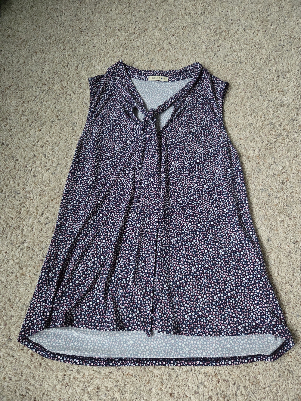 Sleeveless Tie-Neck Printed Top - Navy with Pink & White Dots